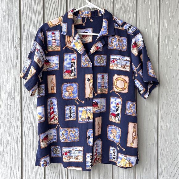 Vintage Lighthouse Nautical Print Shirt Beach Coastal Size L - Picture 1 of 7